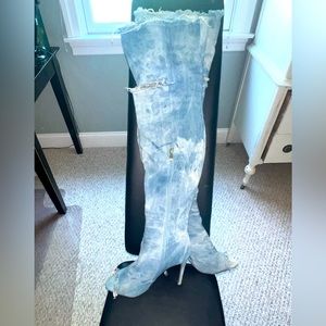 Women’s Thigh High Peep Toe Distressed Denim Jean Boots size 7